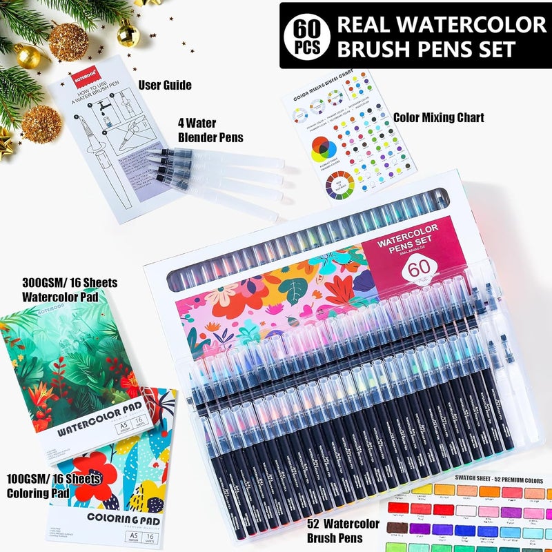 AOTEMOON 60 Watercolor Pens Set Includes 52 Vivid Colors, Real Brush Tips Paint Markers Set with 4 Blender Pens, Watercolor Pad and Coloring Pad, Art Supplies Gifts for Beginners Young Artists and Adults - Image 2